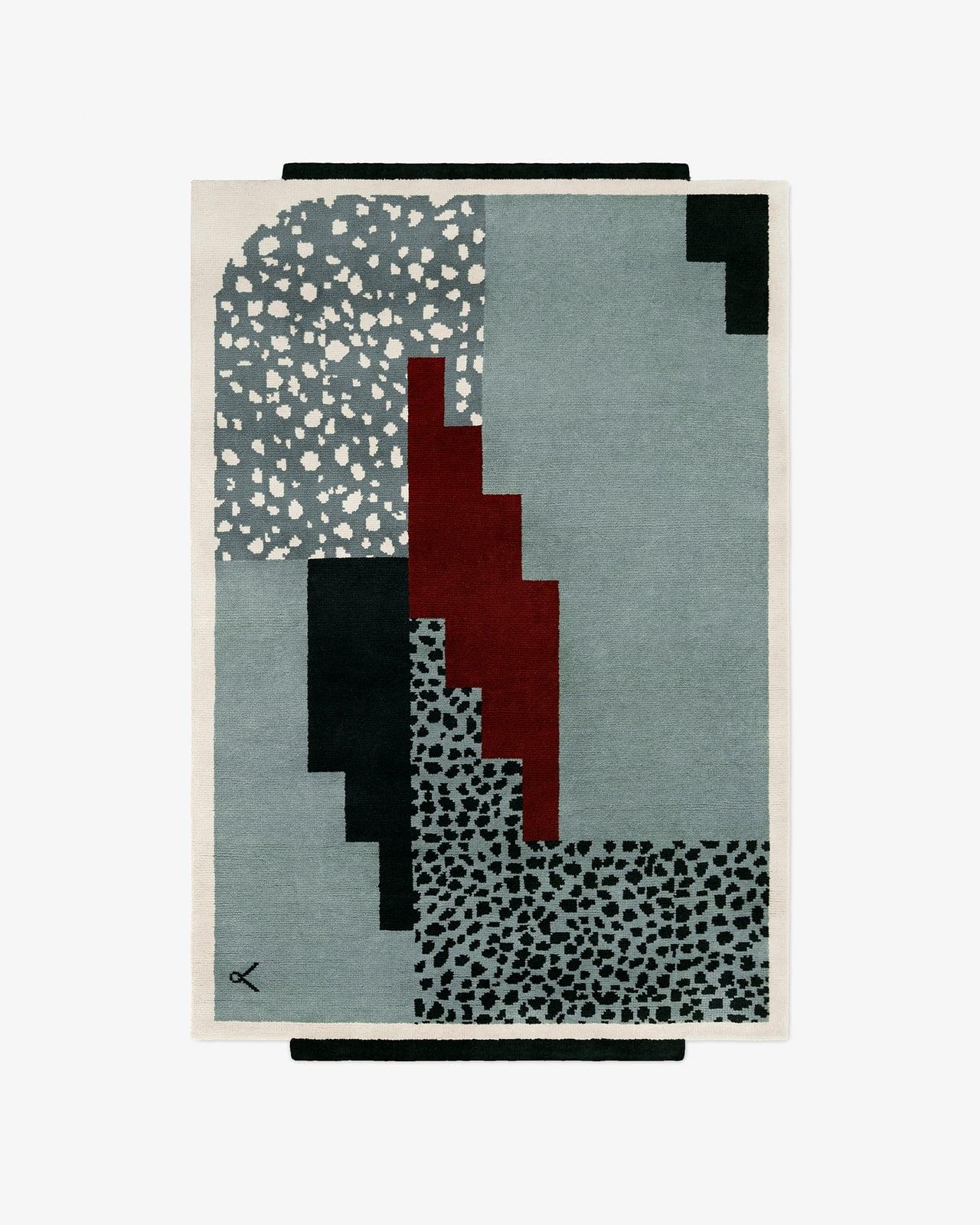Art Deco 1 - Blue, tapis moelleux à la forme géométrique sculpturale, aux motifs abstraits et terrazzo bleu, rouge et noir.