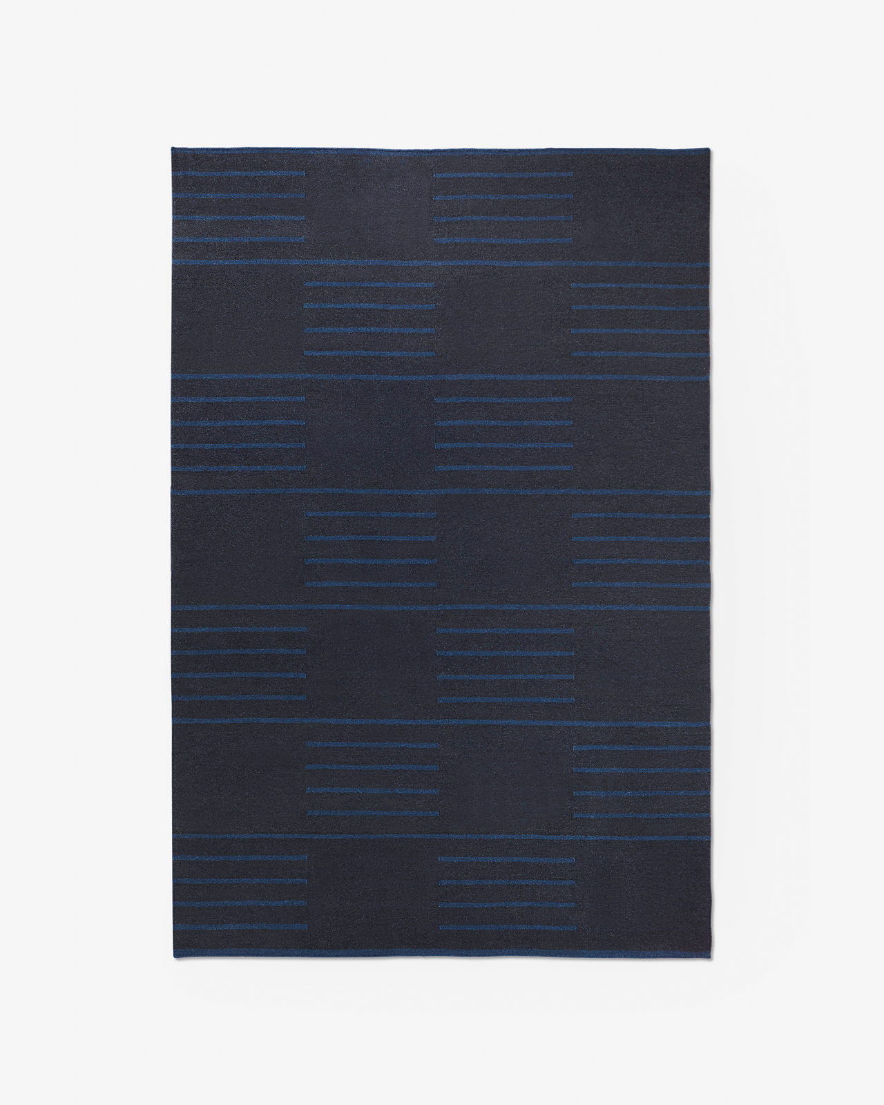 Classic flatweave rug in Black/Teal, featuring a geometric pattern of teal linear accents on a deep black base.
